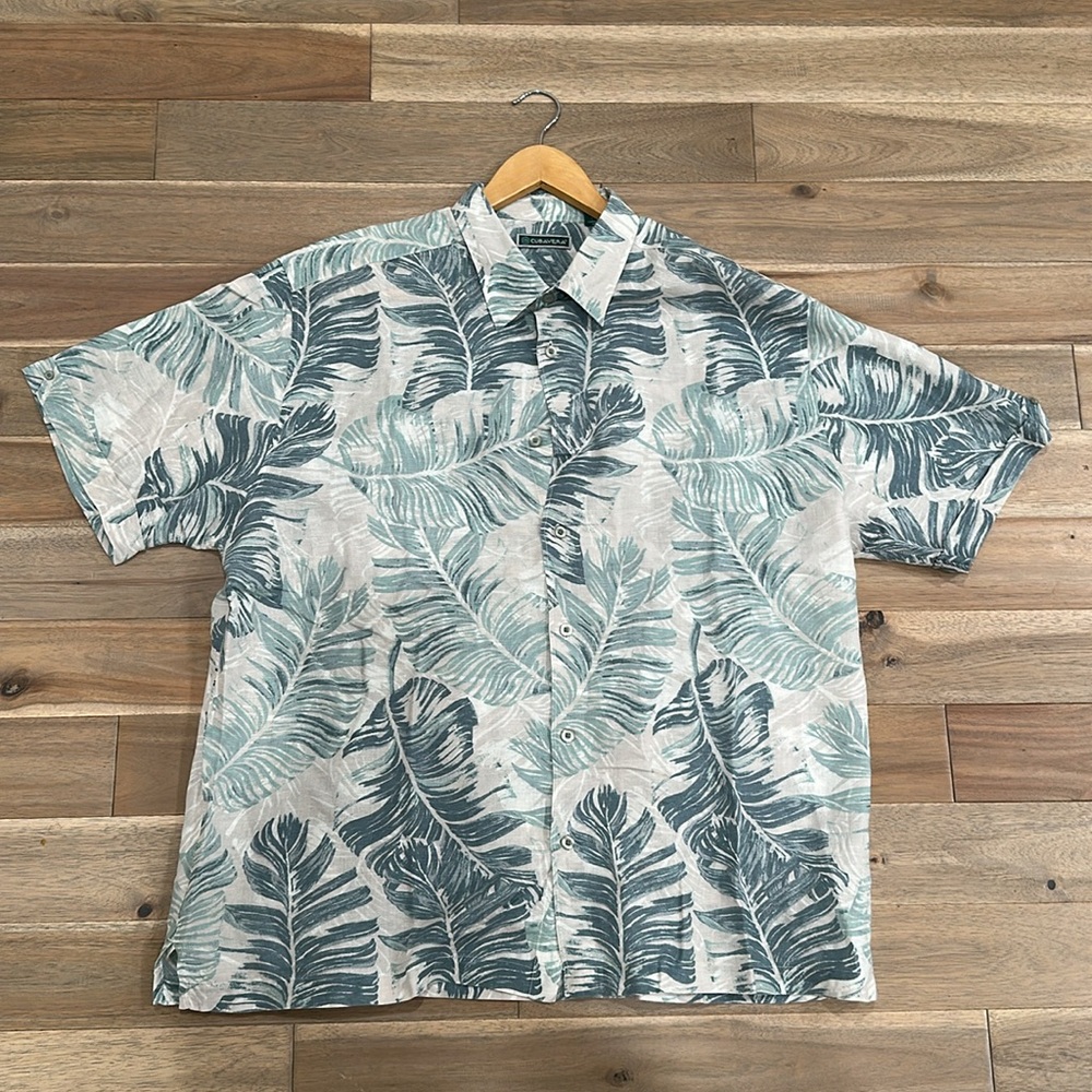 Cubavera Green blue and White Casual Button Down linen Shirt palm leaf print